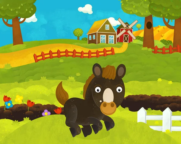 Dibujos animados feliz y divertida escena de la granja con caballo feliz - illustrati —  Fotos de Stock