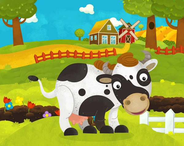 Kreskówka szczęśliwy i zabawny scena gospodarstwo z szczęśliwy krowy-ilustracja — Zdjęcie stockowe