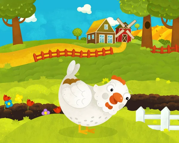 Cartoon happy and funny farm scene with happy rooster chicken or — Stock Photo, Image