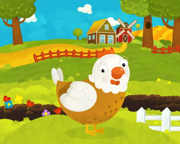 Desenhos animados feliz e engraçado fazenda cena com galo feliz frango ou — Fotografia de Stock