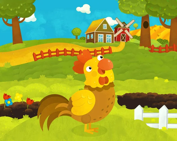 Dibujos animados feliz y divertida escena de la granja con gallo feliz - illustra —  Fotos de Stock