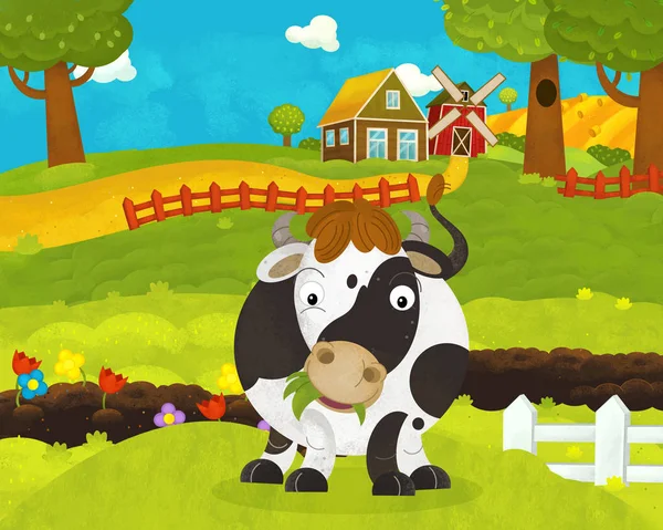 Dibujos animados feliz y divertida granja escena con vaca feliz - ilustración — Foto de Stock