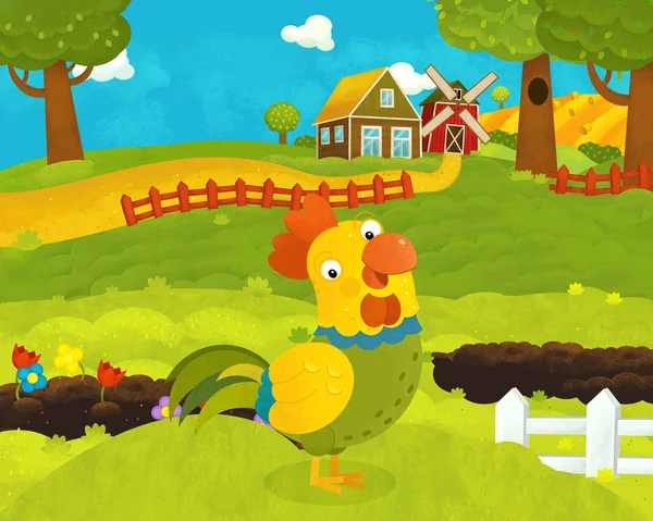 Dibujos animados feliz y divertida escena de la granja con gallo feliz - illustra —  Fotos de Stock
