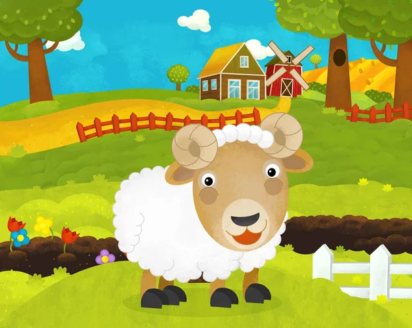 Cartoon glückliche und lustige Bauernhofszene mit glücklichen Schafen - illuati — Stockfoto