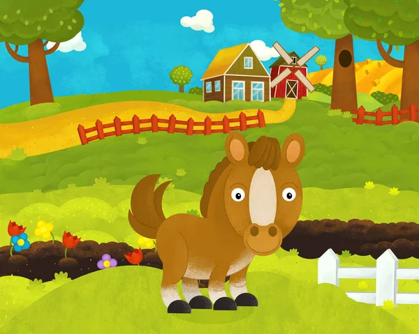 cartoon happy and funny farm scene with happy horse - illustrati