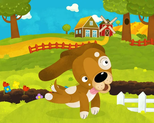 Cartoon happy and funny farm scene with happy and funny dog - il — Stock Photo, Image