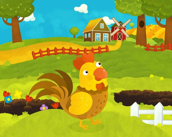 Cartoon happy and funny farm scene with happy rooster - illustra — Stock Photo, Image