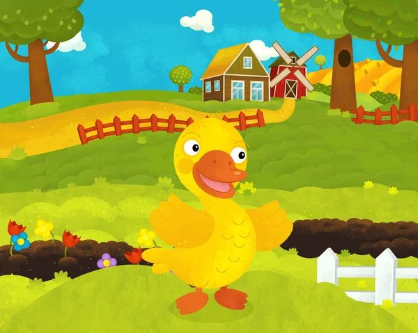 Cartoon feliz e engraçado fazenda cena com pato feliz - illustratio — Fotografia de Stock