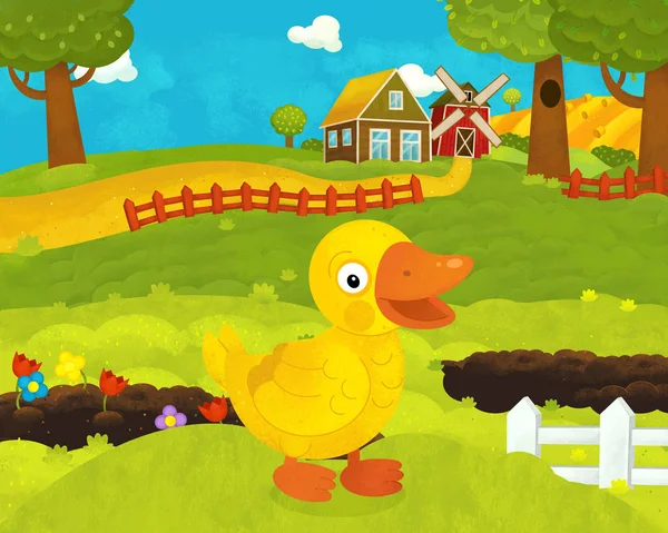 Cartoon happy and funny farm scene with happy duck - illustratio — Stock Photo, Image