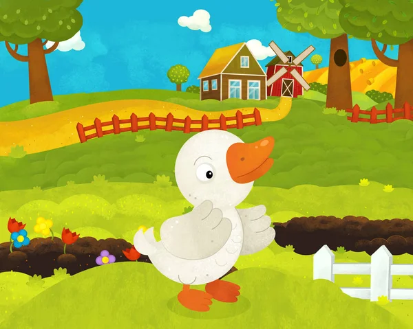 Dibujos animados feliz y divertida escena de granja con pato feliz - illustratio —  Fotos de Stock