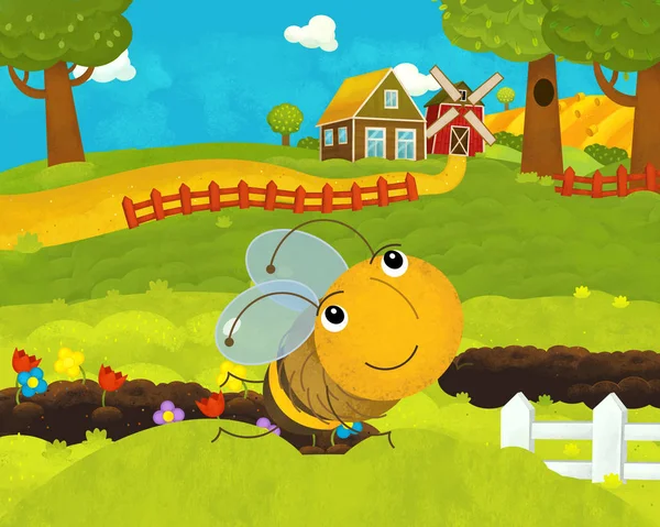 Cartoon happy and funny farm scene with happy and funny flying b — Stock Photo, Image