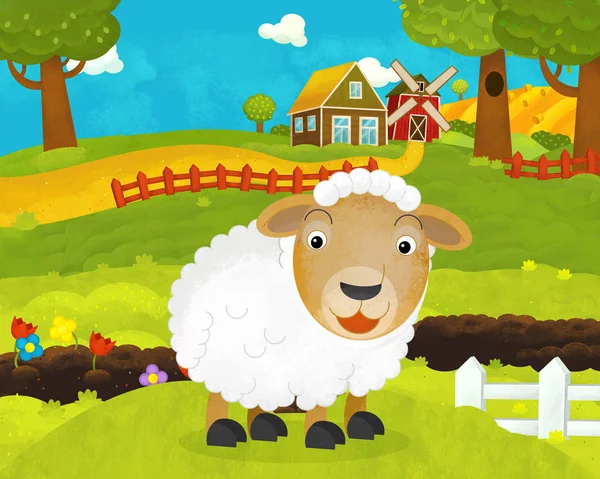 Cartoon szczęśliwy i zabawny scena gospodarstwa z Happy Sheep-książka — Zdjęcie stockowe
