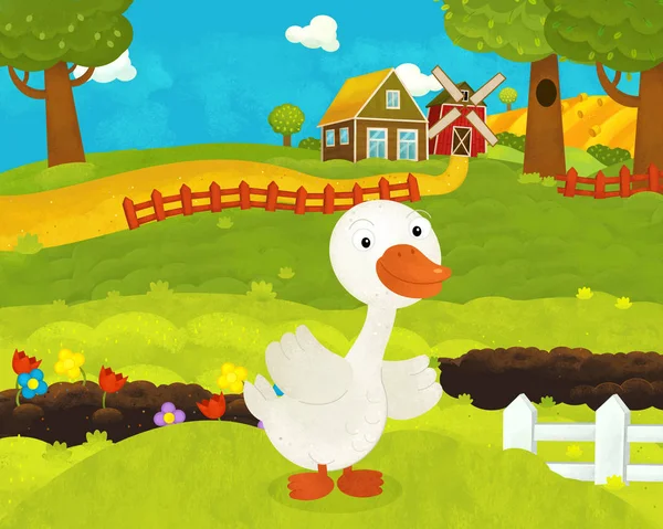 Cartoon happy and funny farm scene with happy goose — Stock Photo, Image