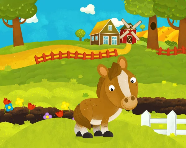 Cartoon happy and funny farm scene with happy horse - illustrati — Stock Photo, Image