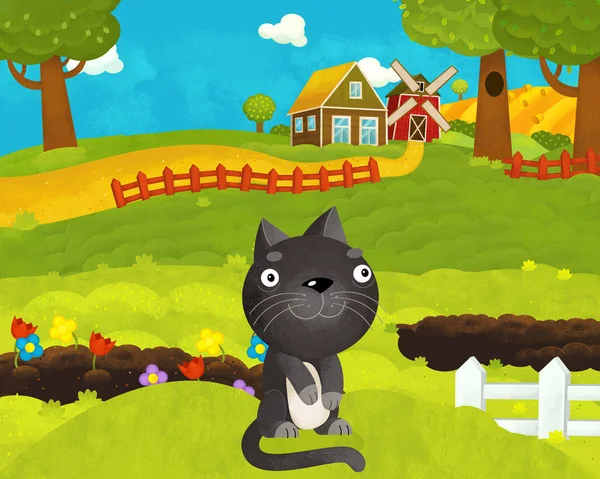 Cartone animato scena fattoria felice e divertente con gatto felice - illustrazione — Foto Stock