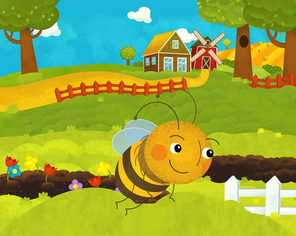 cartoon happy and funny farm scene with happy and funny flying b