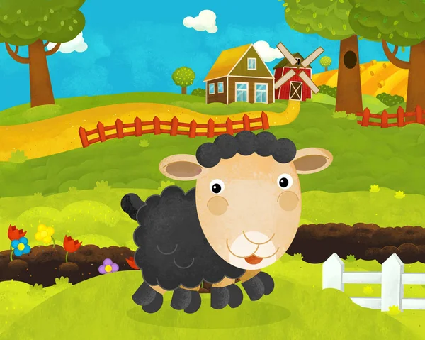 cartoon happy and funny farm scene with happy sheep - illustrati