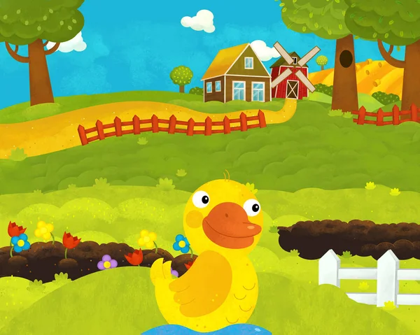 Cartoon happy and funny farm scene with happy duck - illustratio — Stock Photo, Image