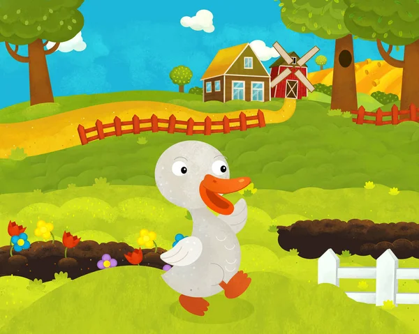 Cartoon happy and funny farm scene with happy goose — Stock Photo, Image