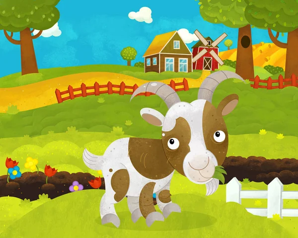 cartoon happy and funny farm scene with happy goat - illustratio