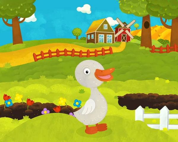 Dibujos animados feliz y divertida escena de la granja con ganso feliz - illustrati —  Fotos de Stock