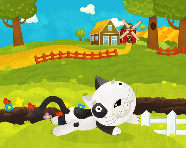 cartoon happy and funny farm scene with happy cat - illustration