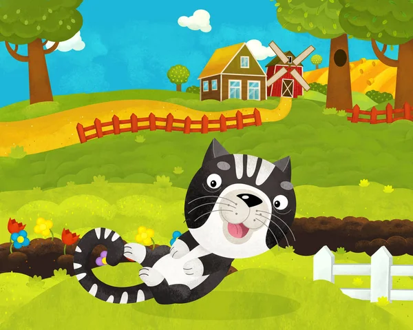 Cartoon glückliche und lustige Bauernhofszene mit glücklicher Katze - Illustration — Stockfoto