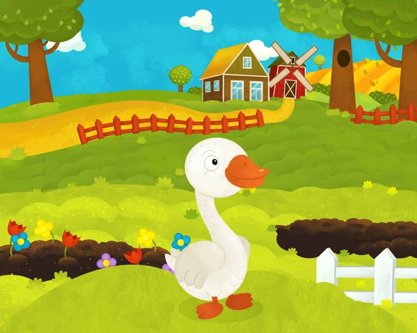 Мультфильм счастливая и смешная сцена фермы с счастливым гусем - иллюстрации — стоковое фото