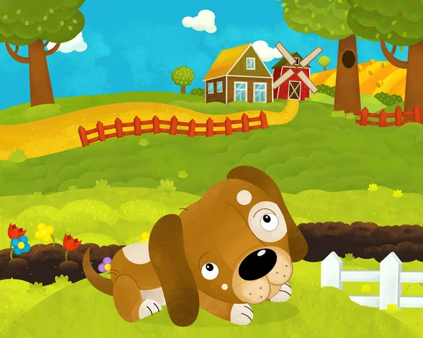 Cartoon happy and funny farm scene with happy and funny dog - il — Stock Photo, Image