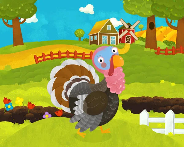 Cartoon happy and funny farm scene with happy turkey - illustrat — Stock Photo, Image