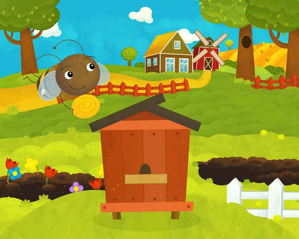 Cartoon gelukkig en grappig boerderij scène met gelukkig en grappig Flying b — Stockfoto