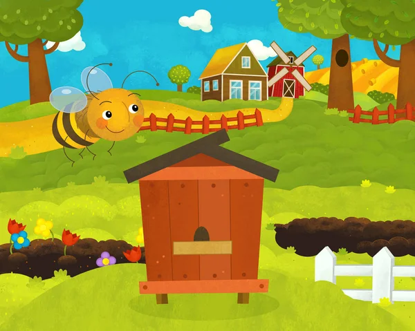Cartoon gelukkig en grappig boerderij scène met gelukkig en grappig Flying b — Stockfoto