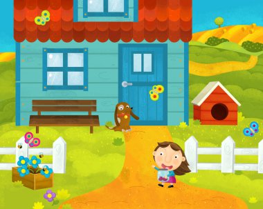 eve yakın çiftlik ve köylüler ile karikatür kırsal sahne - çocuklar için illüstrasyon