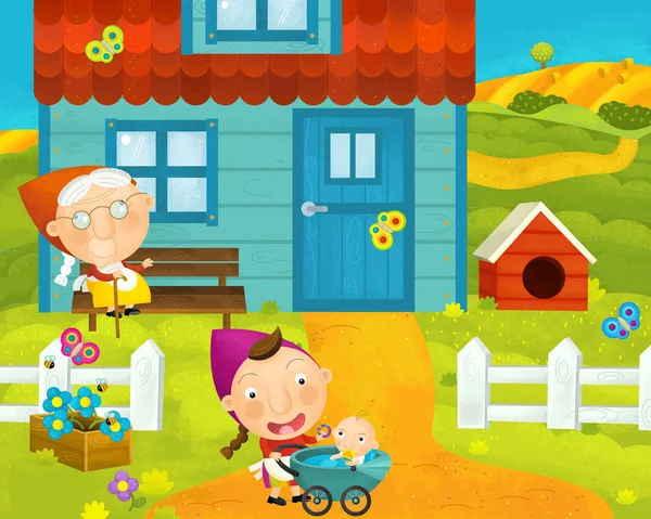 Dibujos animados escena rural con la granja y los aldeanos cerca de la casa - ilustración para los niños —  Fotos de Stock