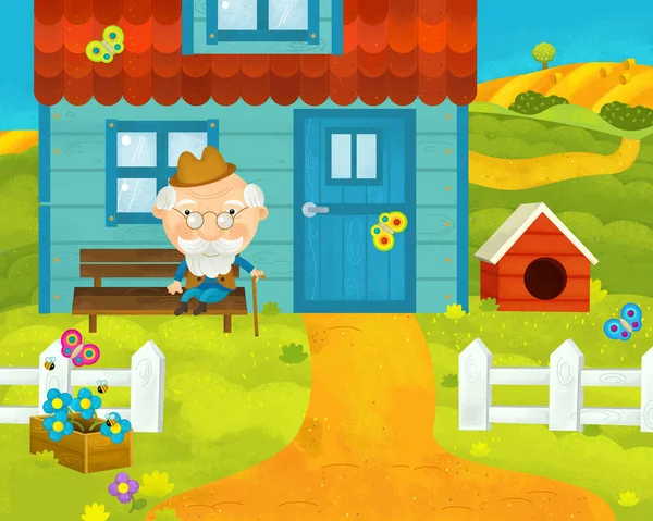 Cartoon rural scene with farm and villagers near the house - illustration for children — Stock Photo, Image