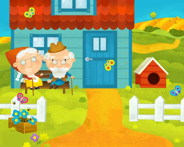 Cartone animato scena rurale con fattoria e paesani vicino alla casa - illustrazione per bambini — Foto Stock