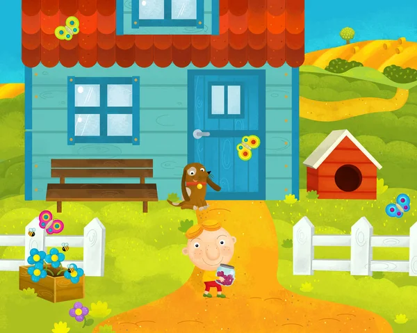 Мультипликационная сельская сцена с фермой и сельскими жителями рядом с домом - иллюстрация для детей — стоковое фото