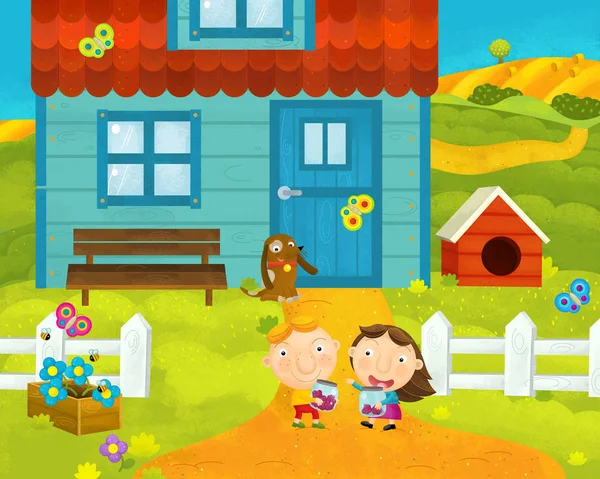 Desenho animado cena rural com fazenda e moradores perto da casa - ilustração para crianças — Fotografia de Stock