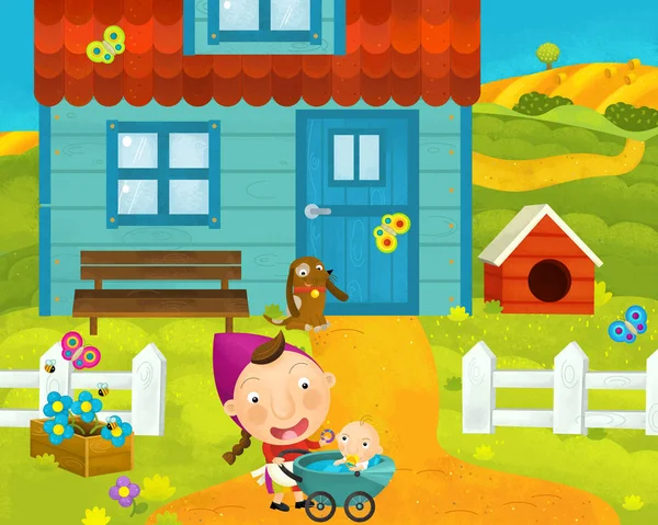 Cartoon rural scene with farm and villagers near the house - illustration for children — Stock Photo, Image