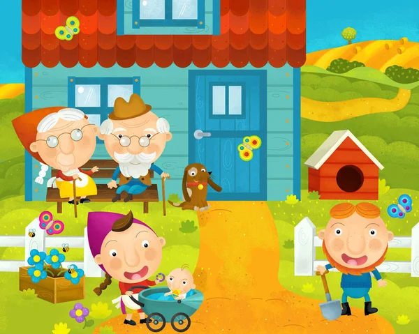 Kreslená venkovská scéna s farmou a vesničany poblíž domu-ilustrace pro děti — Stock fotografie