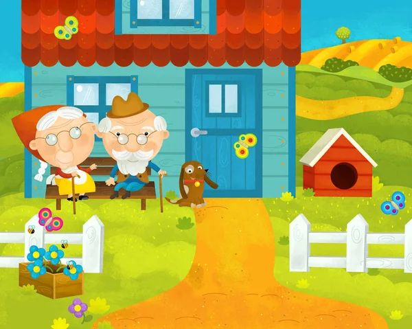 Cartoon rural scene with farm and villagers near the house - illustration for children — Stock Photo, Image