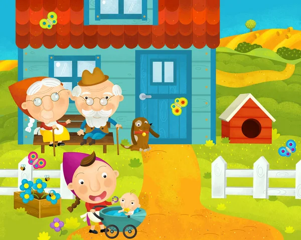 Scena wiejska kreskówki z gospodarstwa i mieszkańców wsi w pobliżu domu-ilustracja dla dzieci — Zdjęcie stockowe