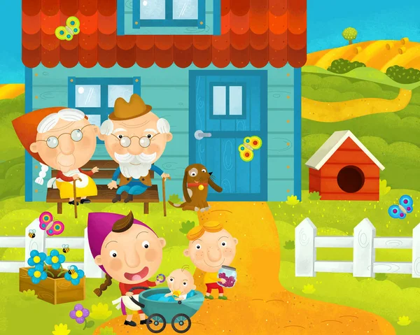 Dibujos animados escena rural con la granja y los aldeanos cerca de la casa - ilustración para los niños —  Fotos de Stock