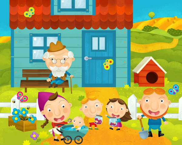 Cartoon landelijke scène met boerderij en dorpelingen in de buurt van het huis-illustratie voor kinderen — Stockfoto