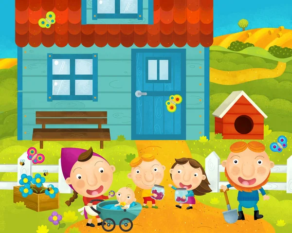 Cartone animato scena rurale con fattoria e paesani vicino alla casa - illustrazione per bambini — Foto Stock