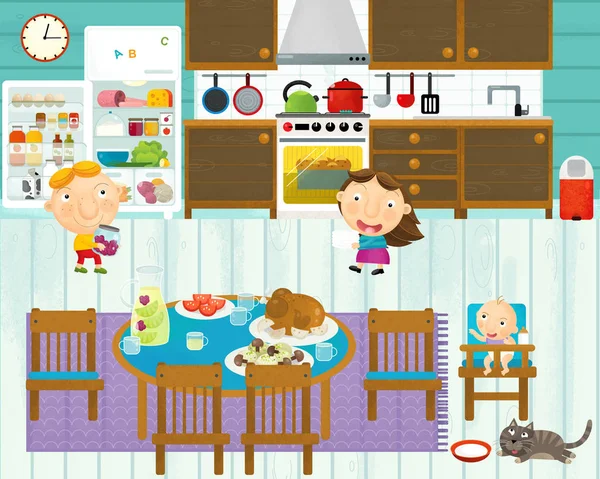 Zeichentrickszene mit Familie in der Küche, die gemeinsam isst und kocht und Spaß dabei hat - Illustration für Kinder — Stockfoto