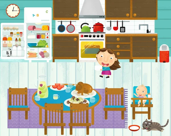 Scène de dessin animé avec quelqu'un dans la cuisine manger et cuisiner en s'amusant avec elle - illustration pour les enfants — Photo