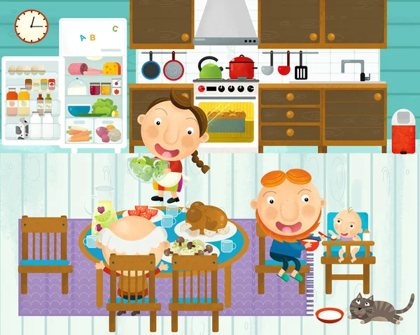 Escena de dibujos animados con la familia en la cocina comer y cocinar juntos divertirse con él - ilustración para los niños — Foto de Stock