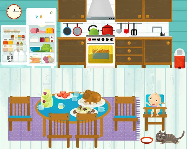 Cena Dos Desenhos Animados Com Cozinha Familiar Colorida Ilustração Para — Fotografia de Stock