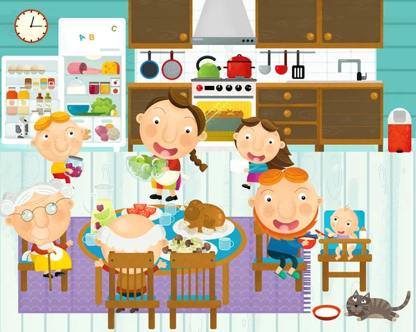 Cartoon scène met familie in de keuken eten en koken samen met plezier met het-illustratie voor kinderen — Stockfoto